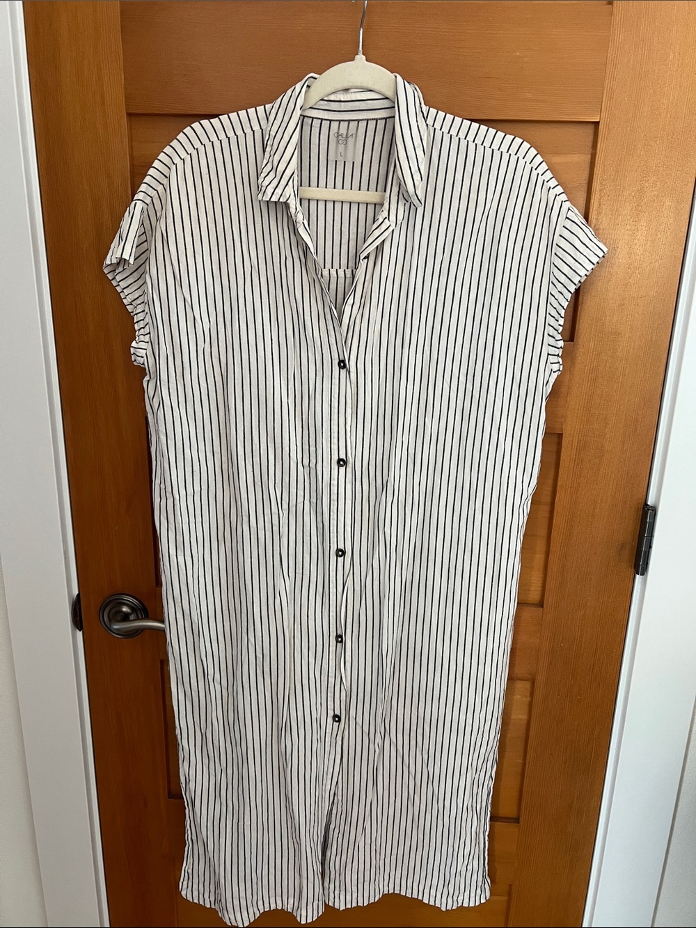 CALIA by Carrie Underwood White with Black Pinstripe Button-Up Swim Coverup
